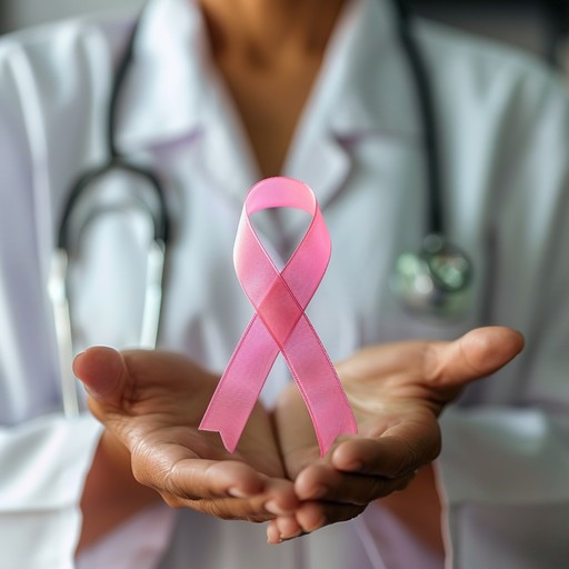 A clinician holding a pink breast cancer awareness ribbon in open hands